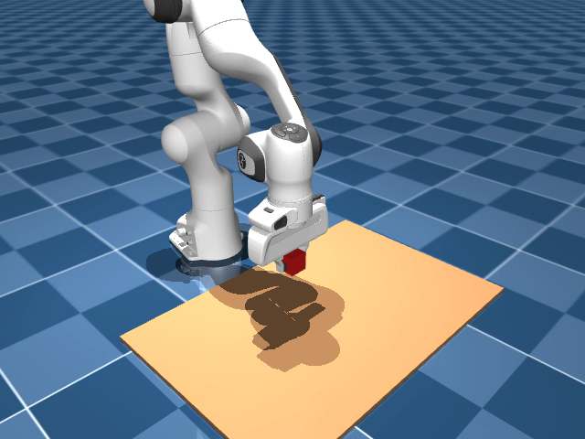 Mimic’s simulated Franka Panda carrying a red cube above the tabletop in MuJoCo